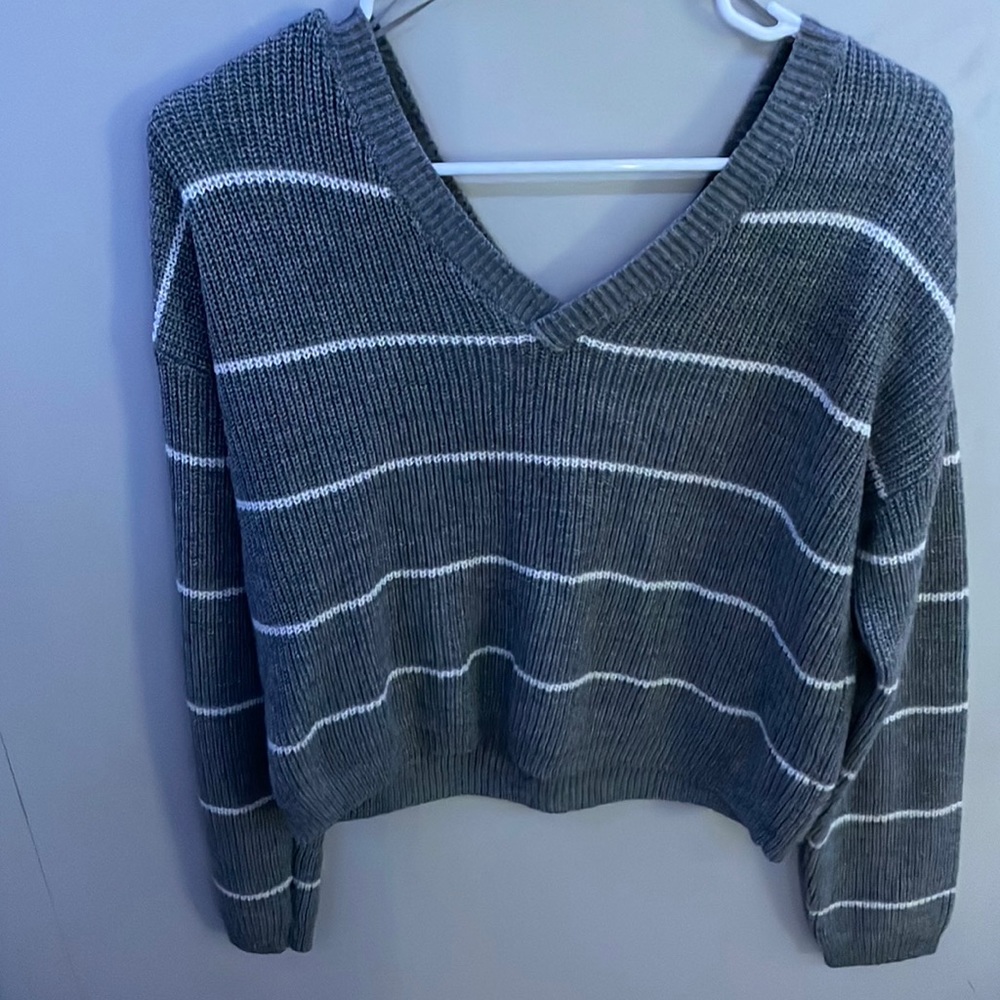 from macys, grey sweater with white stripes